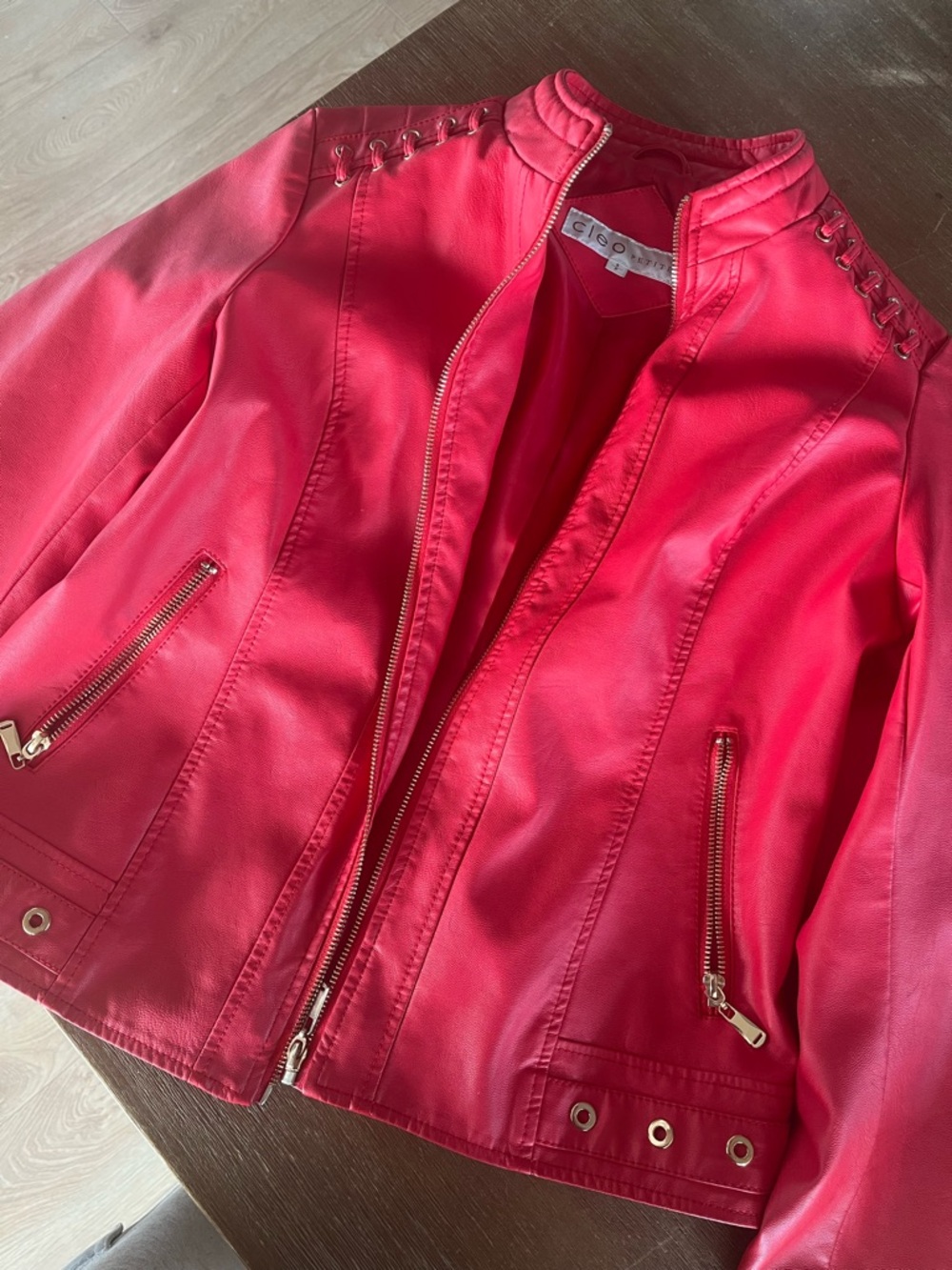 cleo Bold Red Faux Leather Moto Jacket with Gold Zippers